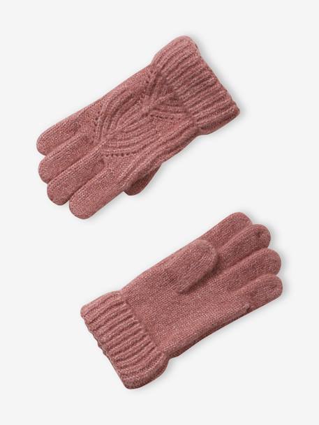 Mädchen Strick-Set: Mütze, Rundschal & Handschuhe, Zopfmuster graublau+rosa 