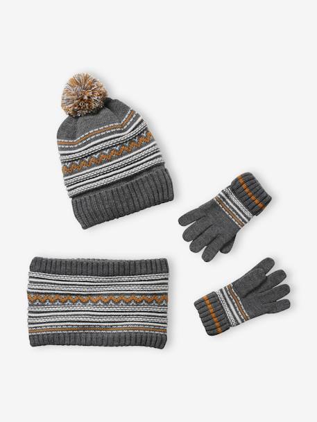 Ensemble garçon bonnet + snood + gants en maille jacquard gris 