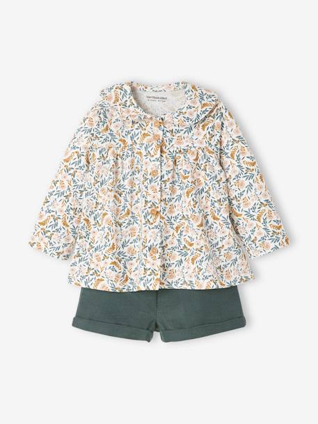 Mädchen Baby-Set: Shirt, Shorts & Haarband dunkelgrün+wollweiß 