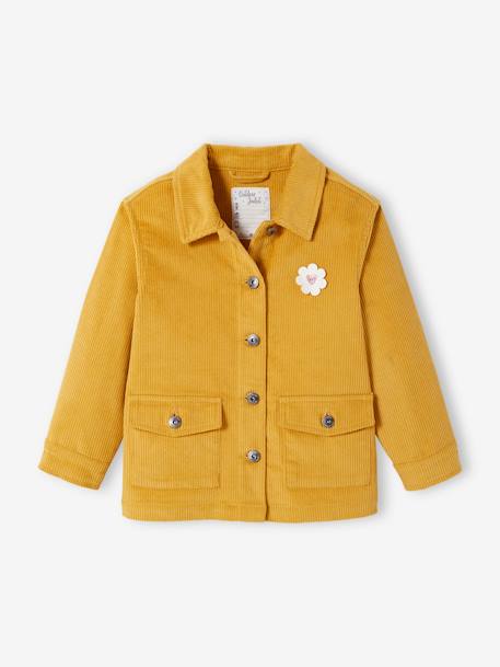 Veste style worker en velours fille badge fleur irisé jaune d'or 