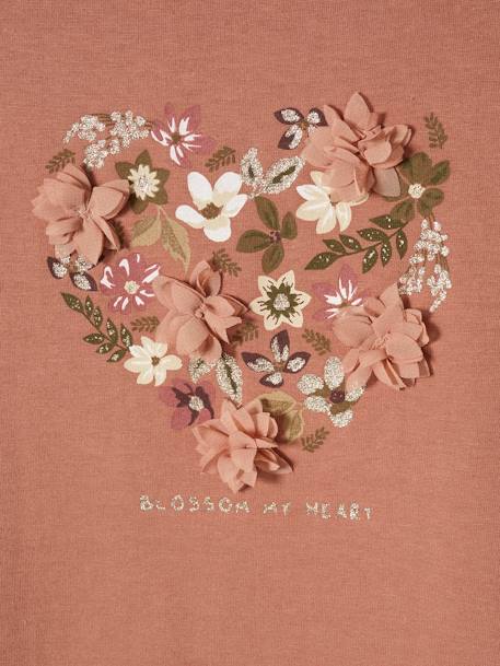 T-shirt romantique animation en relief et détails irisés fille écru+marron 