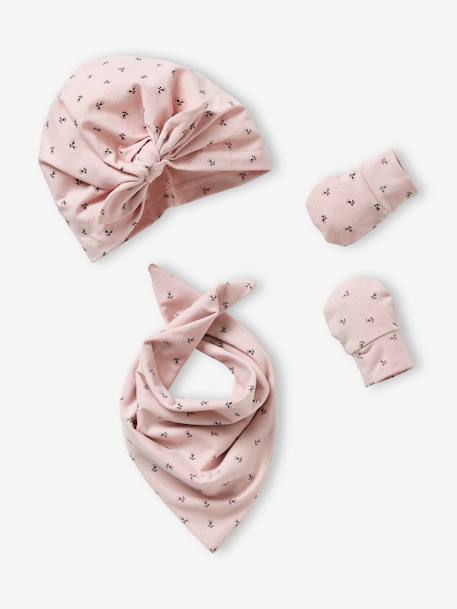 Ensemble bonnet + moufles + foulard bébé fille en maille imprimée personnalisable bois de rose 