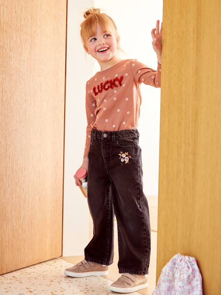 Weite Mädchen Jeans, Blumenstickerei schwarz bedruckt 