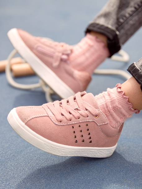 Baskets cuir fille lacées et zippées détails paillettes rose 
