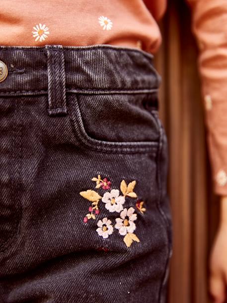 Weite Mädchen Jeans, Blumenstickerei schwarz bedruckt 
