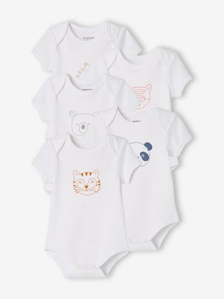 Lot de 5 bodies « animaux » bébé naissance ouverture US manches courtes BASICS lot blanc 