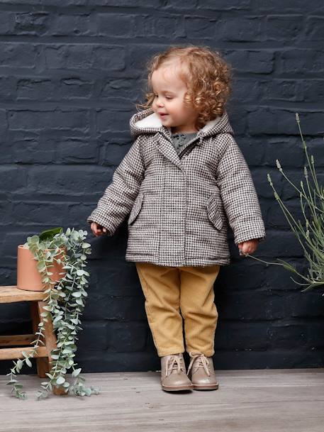 Manteau à capuche pied de puce bébé doublé imitation fourrure carreaux marron 