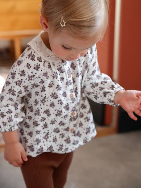 Geblümte Mädchen Baby Bluse, Kragen mit Lochstickerei beige bedruckt 