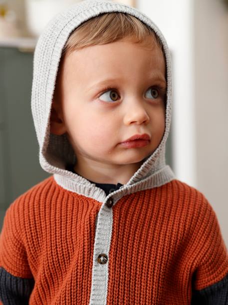 Jungen Baby Cardigan mit Kapuze, Rippenstrick rostfarben 