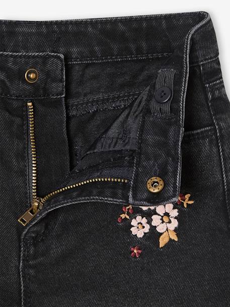 Weite Mädchen Jeans, Blumenstickerei schwarz bedruckt 