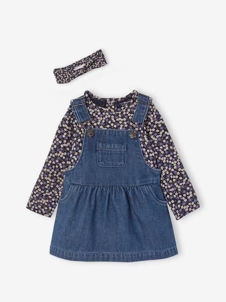 Mädchen Baby-Set: Jeans-Latzkleid, Shirt & Haarband nachtblau 
