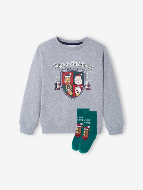 Jungen Weihnachts-Set: Sweatshirt mit Wappen & Socken grau meliert 