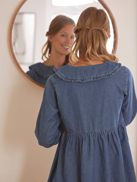 Robe col claudine volanté grossesse et allaitement jean denim bleu canard 