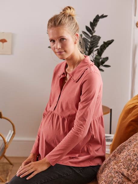 T-shirt blouse col volanté grossesse et allaitement vieux rose 