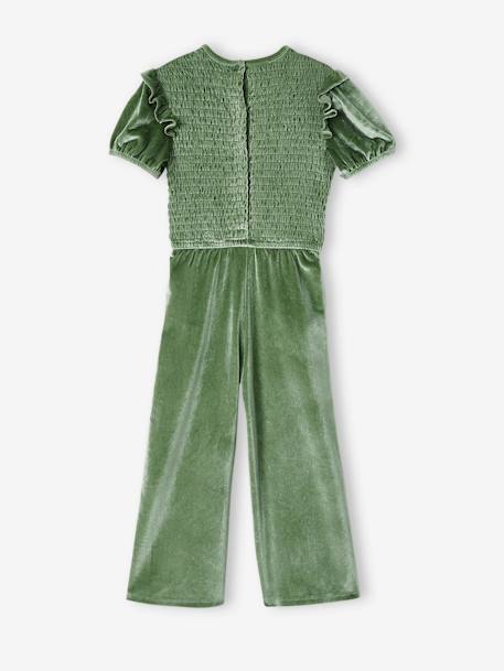 Gesmokter Mädchen Jumpsuit, Glitzersamt graugrün 