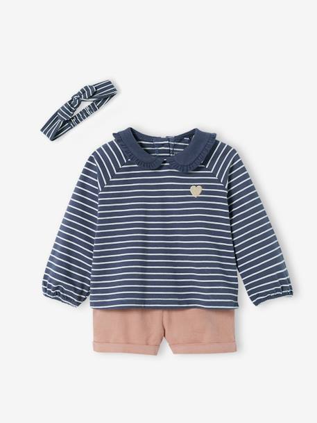Baby-Set: Samt-Shorts, Shirt & Haarband dunkelblau gestreift 