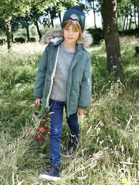 Jungen Jacke mit Kapuze, Wattierung Recycling-Polyester graugrün+hellbraun+marine 