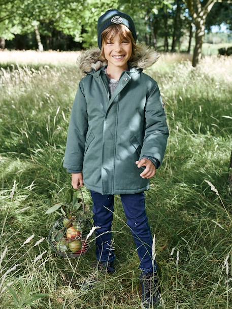 Jungen Jacke mit Kapuze, Wattierung Recycling-Polyester graugrün+hellbraun+marine 