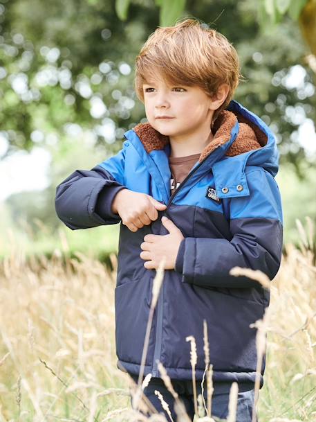 Parka technique à capuche garçon doublée fausse fourrure BLEU ELECTRIQUE+chaudron 