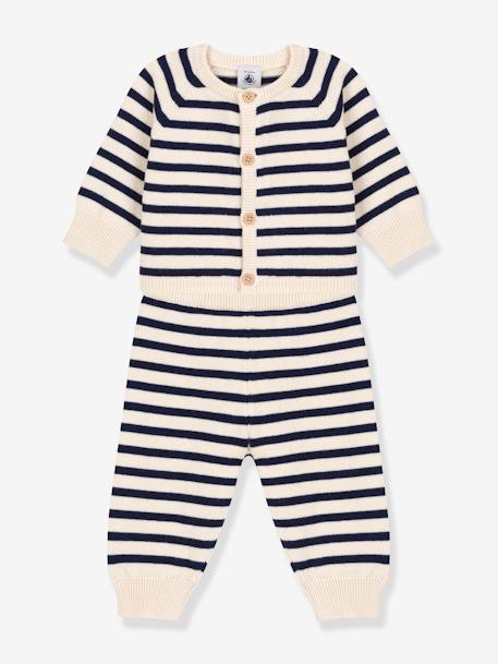 Ensemble 2 pièces bébé en tricot rayé laine et coton PETIT BATEAU blanc imprimé 