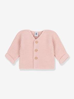 Gilet manteau bébé fille en tricot maille mousse rose doublé blanc fabriqué  en Europe