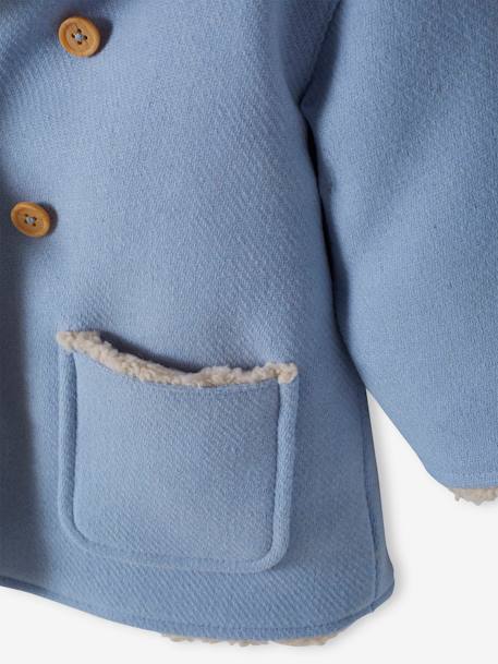 Manteau en drap de laine bébé doublé de fausse fourrure bleu ciel 