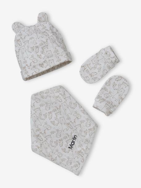 Ensemble bonnet + moufles + foulard + sac bébé imprimé personnalisable taupe 