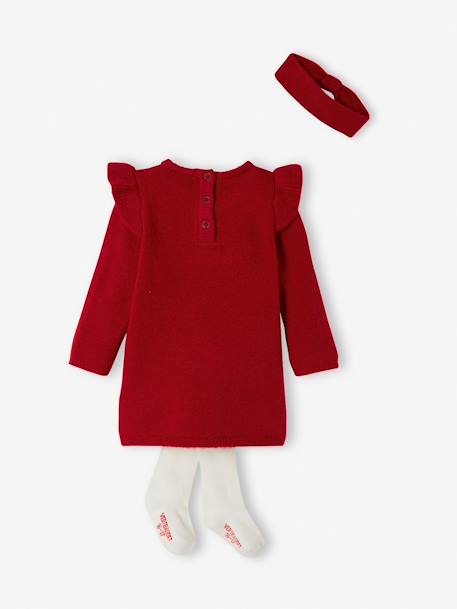 Mädchen Baby-Set: Strickkleid, Haarband & Strumpfhose rot 