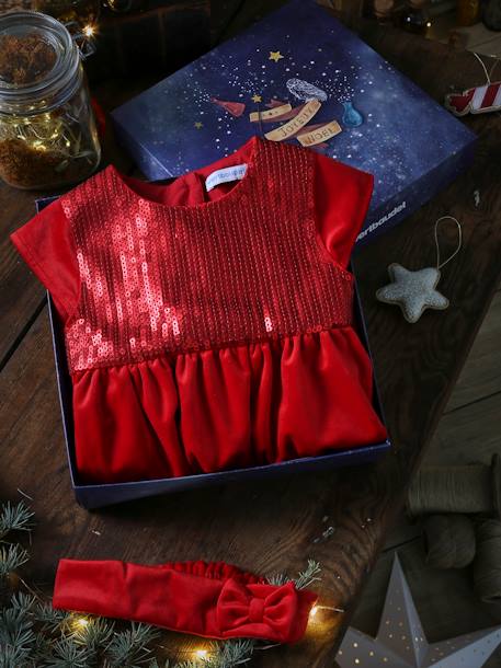 Festtags-Set: Kleid und Haarband in Velours rot 