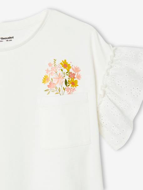 T-shirt manches à volants en broderie anglaise fille écru+pêche 