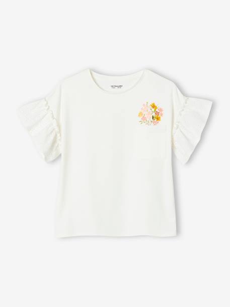 Mädchen T-Shirt, Volantärmel mit Lochstickerei ecru+pfirsich 