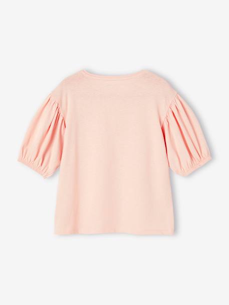 T-shirt manches boules fille motif fruit poitrine écru+rose pâle 