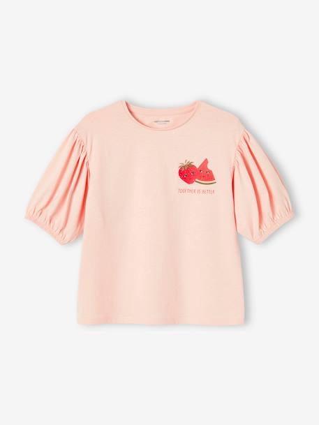 T-shirt manches boules fille motif fruit poitrine écru+rose pâle 