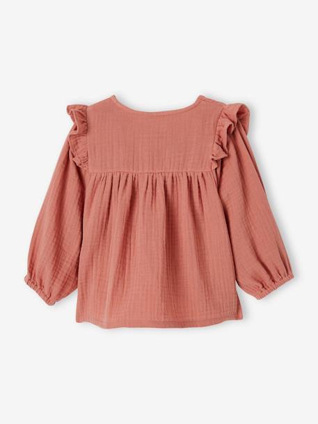 Blouse à volants bébé en gaze de coton bleu glacier+vieux rose 