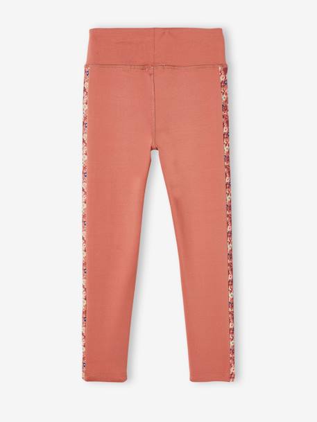 Legging sport matière technique fille bande côtés motifs fleurs terracotta 