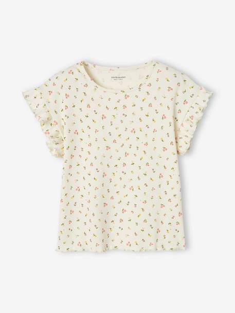 T-shirt à côtes imprimé fleurs fille écru+encre 