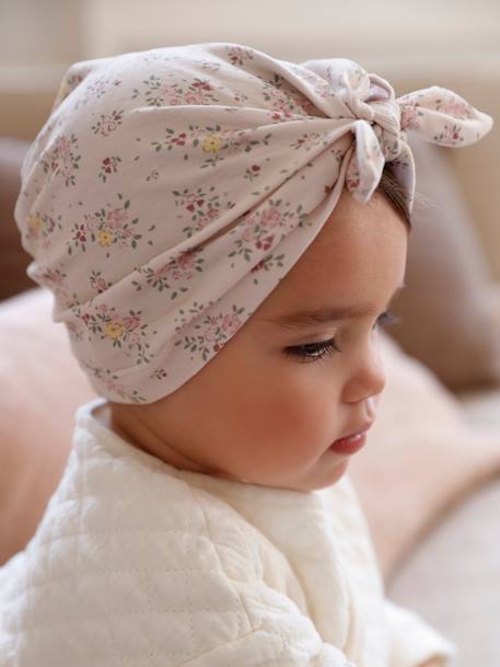 Bonnet esprit turban bébé fille en maille imprimée - beige poudré