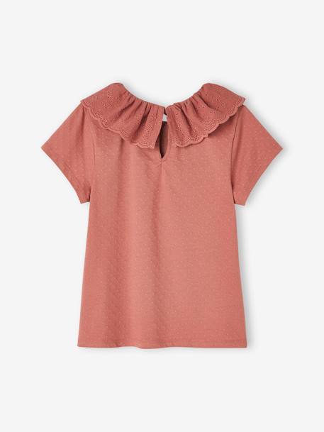 Mädchen T-Shirt, Kragen mit Lochstickerei altrosa+ecru+salbeigrün 