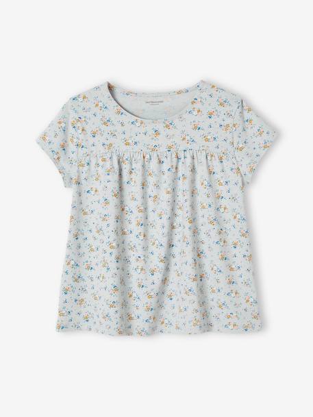 T-shirt blouse à fleurs fille bleu ciel+écru 