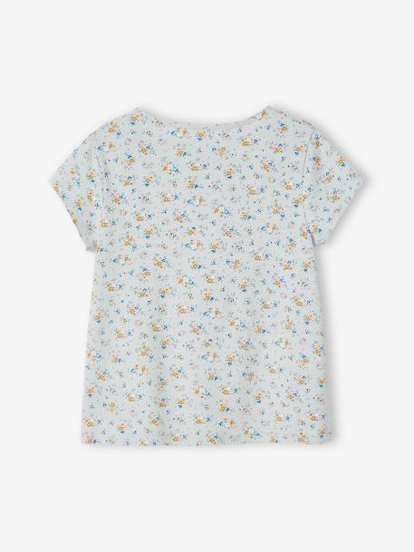 T-shirt blouse à fleurs fille bleu ciel+écru 