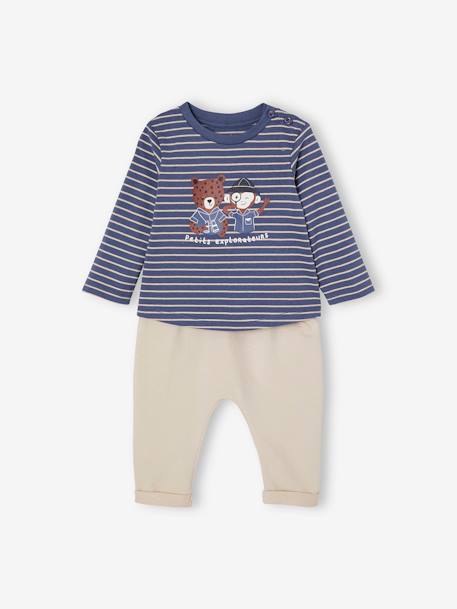 Ensemble T-shirt et pantalon molleton bébé indigo+rayé / caramel 