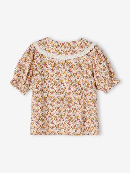 Chemise à fleurs col claudine fille manches courtes écru 