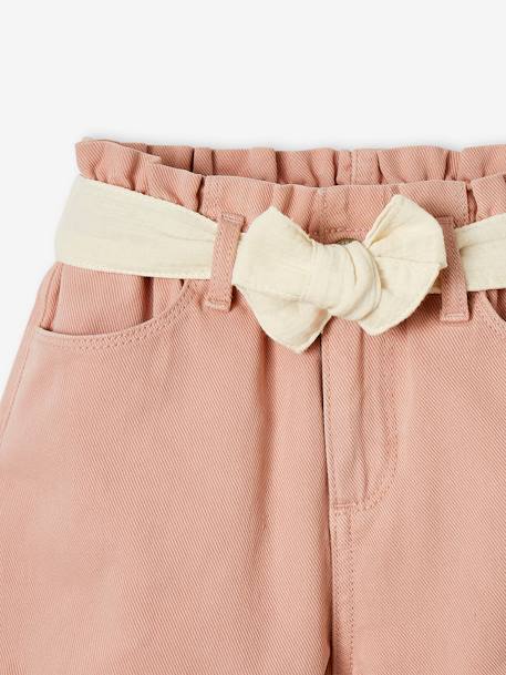 Short style paperbag fille et sa ceinture en gaze de coton rose poudré+sable+vert d'eau 