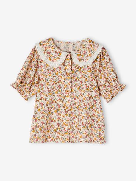 Chemise à fleurs col claudine fille manches courtes écru 