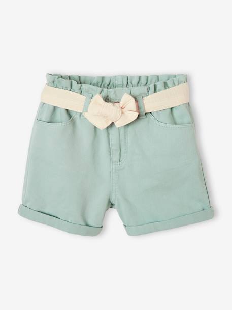Mädchen Paperbag-Shorts mit Stoffgürtel aqua+puderrosa+sandfarben 