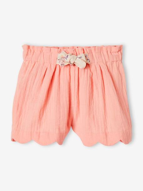 Mädchen Shorts mit Bogenkante, Musselin blau bedruckt+koralle+rosa nude 