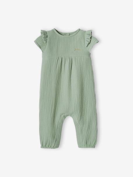 Combinaison bébé en gaze de coton rose pâle+vert sauge 