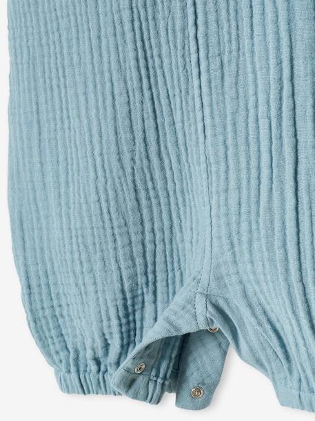 Salopette bébé naissance en gaze de coton doublée beige+denim bleached 