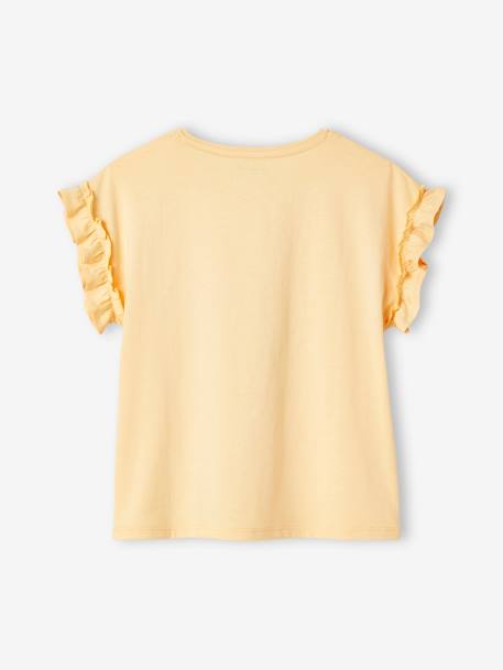 T-shirt à motif irisé fille manches courtes volantées écru+jaune pâle+marine+mauve+pêche 