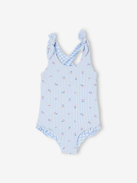 Maillot de bain 1 pièce bébé fille réversible vichy/rayures et fleurs bleu ciel 